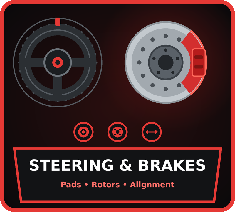 Red brake caliper with metallic rotor displayed against a vibrant orange and yellow gradient background. The brake assembly features precision engineering with detailed disc components. A bold red banner with white text reading Brakes appears at the bottom. The dynamic background conveys power and urgency, emphasizing the critical safety function of the braking system.